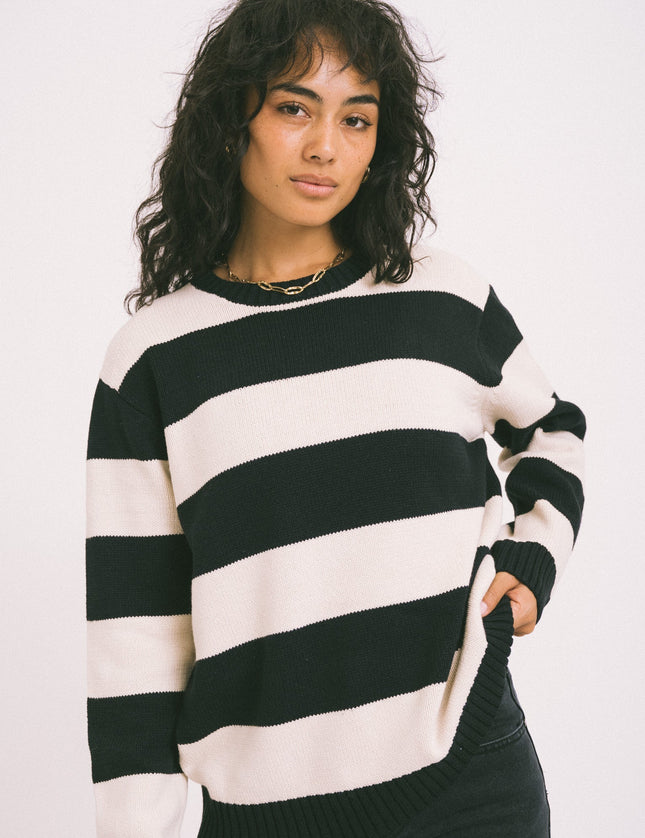 Alina O - neck Knit Stripe Eggnog Black - Things I Like Things I Love