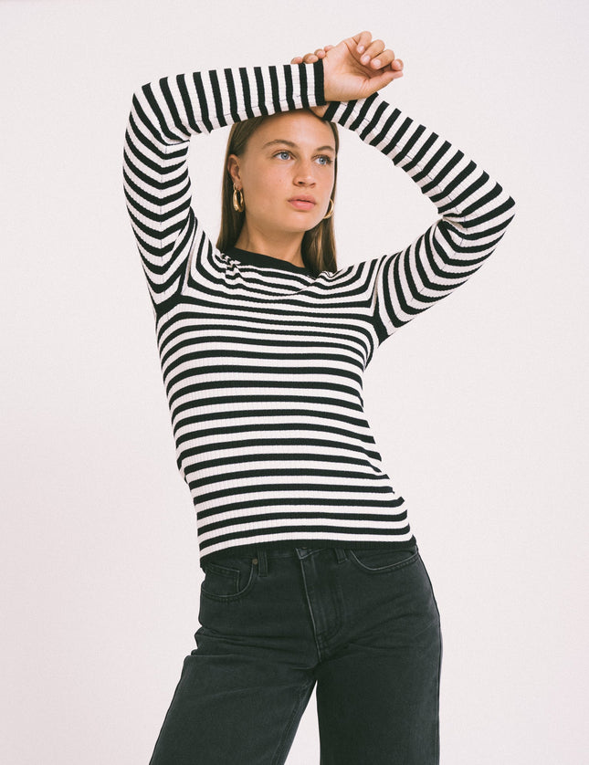 Jodi Tight Crew Neck Knit Black Stripes - Things I Like Things I Love