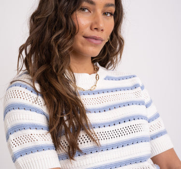 Molly Knitted Tee Stripe Cream Blue - Things I Like Things I Love