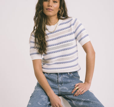 Molly Knitted Tee Stripe Cream Blue - Things I Like Things I Love