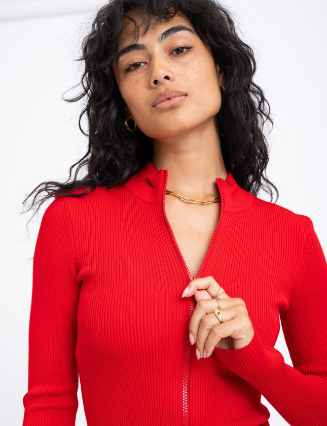 Piper High Neck Zip Knit Racing Red - Things I Like Things I Love