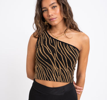 TILTIL Hailey One Shoulder Gold Glitter Swirl Top - Things I Like Things I Love