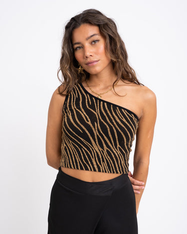 TILTIL Hailey One Shoulder Gold Glitter Swirl Top - Things I Like Things I Love