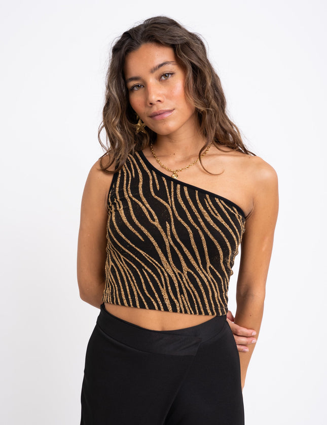 TILTIL Hailey One Shoulder Gold Glitter Swirl Top - Things I Like Things I Love