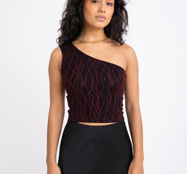 TILTIL Hailey One Shoulder Red Glitter Swirl Top - Things I Like Things I Love