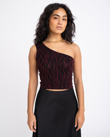 TILTIL Hailey One Shoulder Red Glitter Swirl Top - Things I Like Things I Love