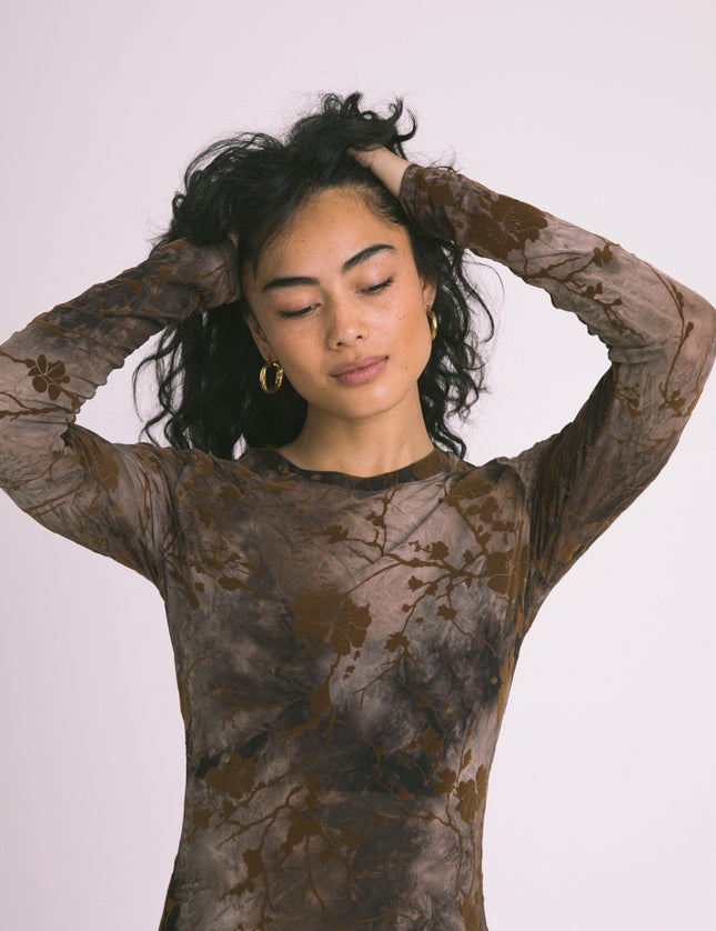 TILTIL Tanina Mesh Longsleeve Brown Flock Print - Things I Like Things I Love