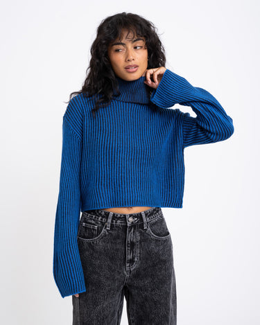 Tone Roll Neck Knit Lapis Blue Black - Things I Like Things I Love