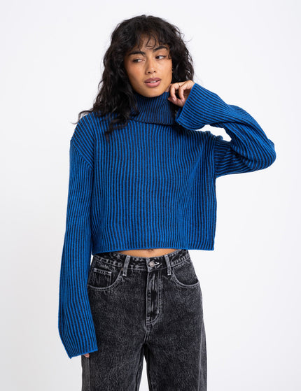 Tone Roll Neck Knit Lapis Blue Black - Things I Like Things I Love