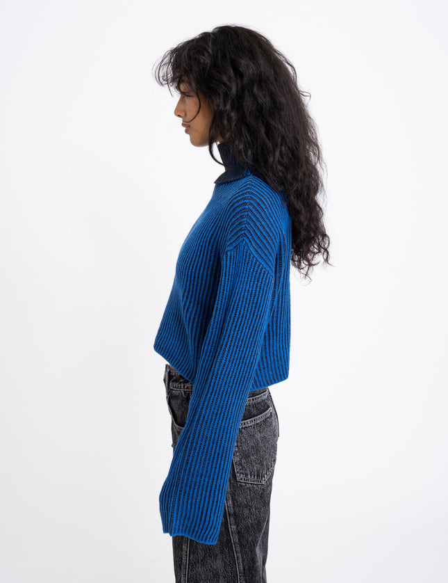 Tone Roll Neck Knit Lapis Blue Black - Things I Like Things I Love