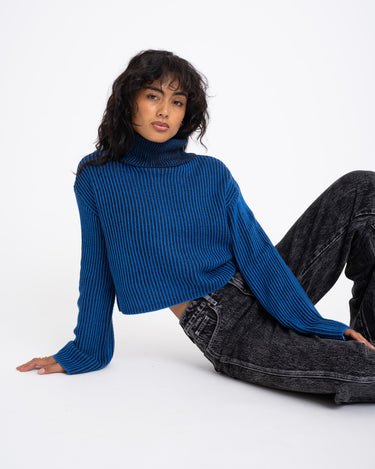 Tone Roll Neck Knit Lapis Blue Black - Things I Like Things I Love