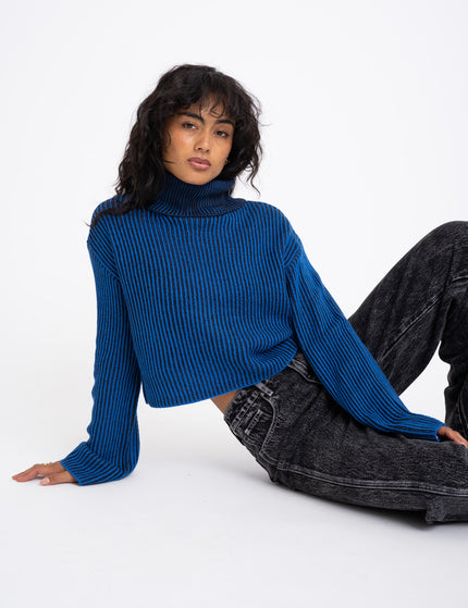 Tone Roll Neck Knit Lapis Blue Black - Things I Like Things I Love