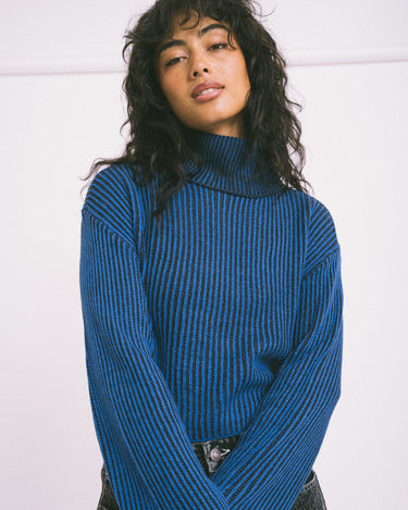 Tone Roll Neck Knit Lapis Blue Black - Things I Like Things I Love