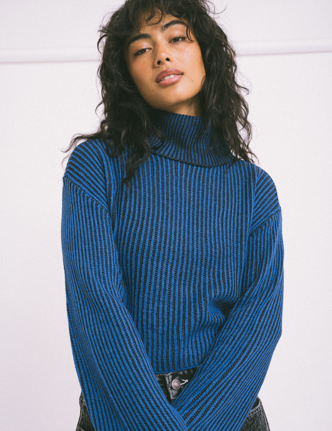 Tone Roll Neck Knit Lapis Blue Black - Things I Like Things I Love