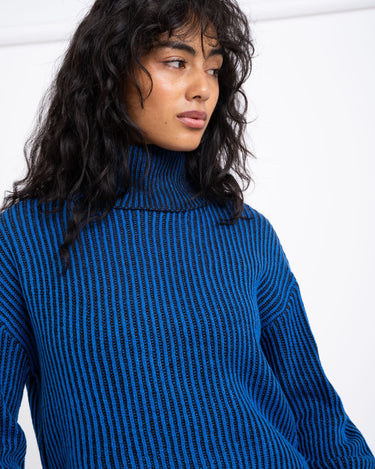 Tone Roll Neck Knit Lapis Blue Black - Things I Like Things I Love