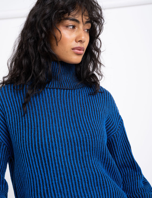 Tone Roll Neck Knit Lapis Blue Black - Things I Like Things I Love