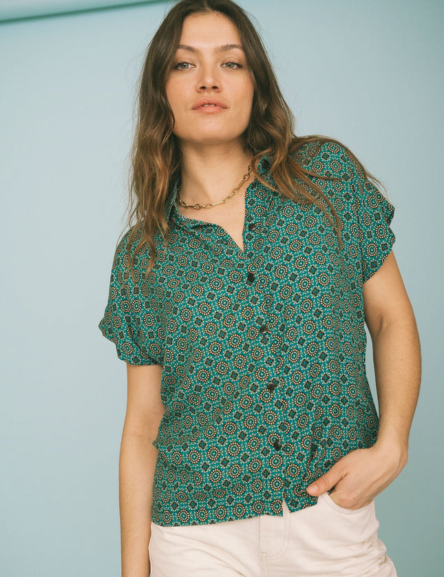 TILTIL Olive Blouse Petrol Print - Things I Like Things I Love